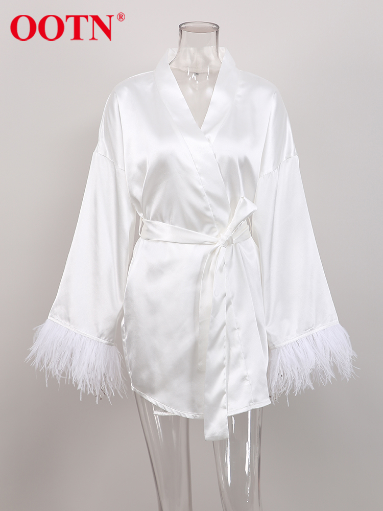 OOTN Feathers Spliced Satin Dress Belt Sexy Robe Party Night Silky Dresses Women Long Sleeve Summer Soft Cozy Home Black Dress 220511