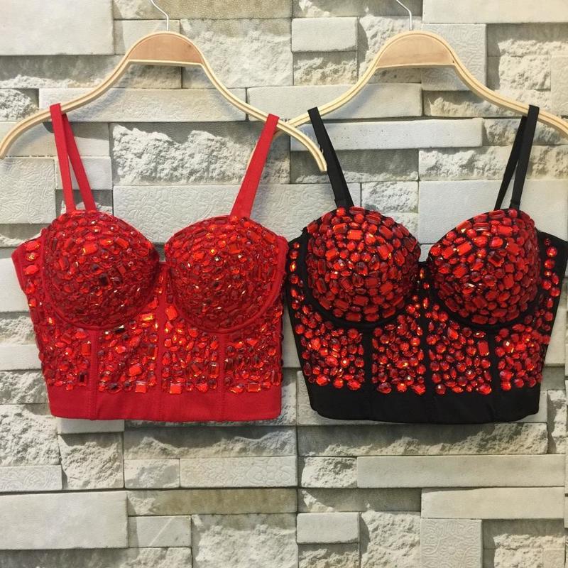 Unique red Gaga Bustier Pearls Diamond Push Up Night Club Bralette Women's Bra Top Vest Plus Size w1172 220325