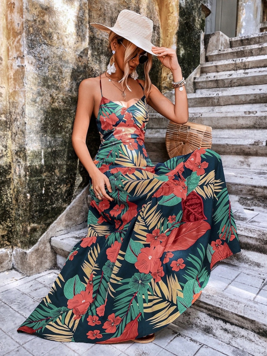 

random Tropical Print Criss-cross Backless Cami Dress J9Wc#, Multicolor