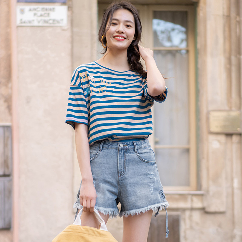 INMAN Summer Womens Tshirt Short Sleeve Woman Clothes Versatile Stripe Printing Top Women Round Collar Fashion Woman Blouse 220527