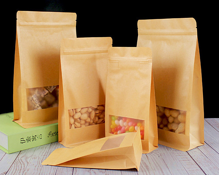 100pcs 3D Thick Stand up Kraft Paper Window Packaging Bag Resealable Coffee Beans Seeds Snack Tea Cereals Powder Wedding Party Gifts Heat Sealing Stor