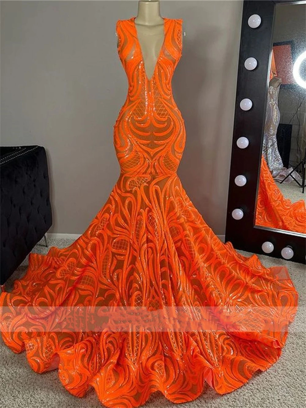 Sequins Sparkly Orange Lace Mermaid Prom Dress For Black Girls Sexy V Neck Aso Ebi Birthday Party Evening Gowns Robe De Bal