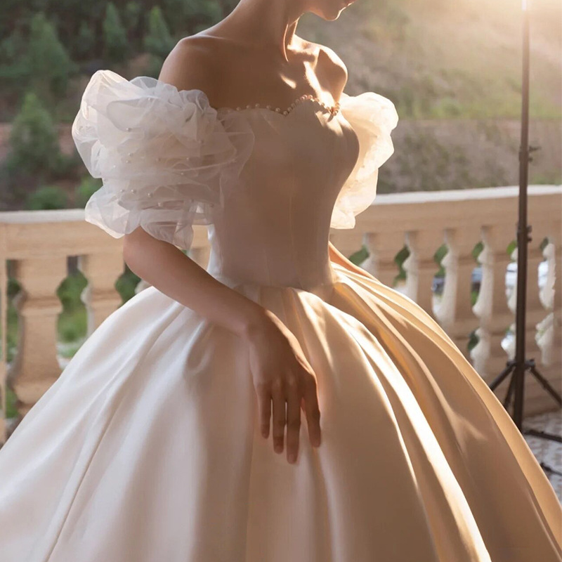 Princess Boho Wedding Dress With Pearls Puff Sleeves Real Picture Ball Gown Soft Satin Country Wedding Dresses For Women Elegant Bohemian Garden Bride