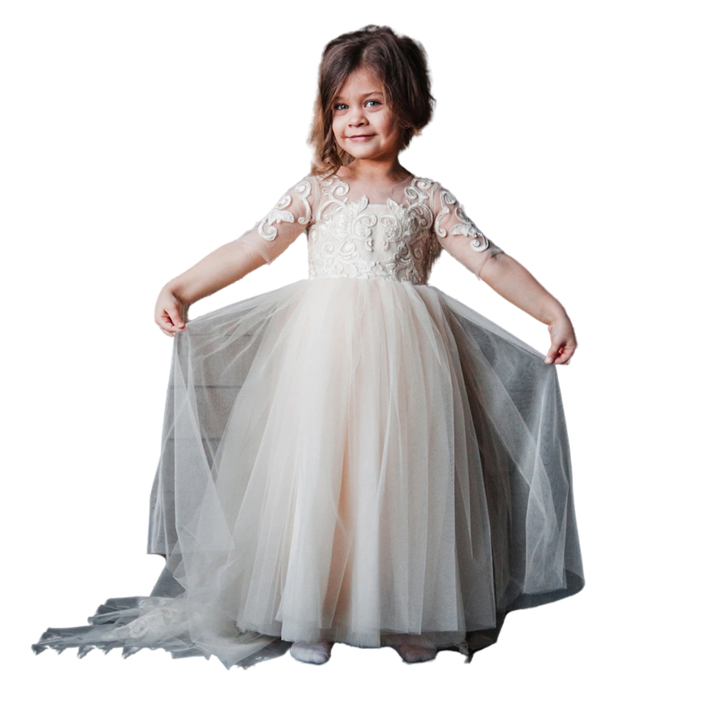 Cute Long Tulle Flower Girls Dresses Lace Applique Half Sleeve Crew Neck First Communion Dress Bridesmaid Girl Wedding Party Gowns A Line Kids Formal 