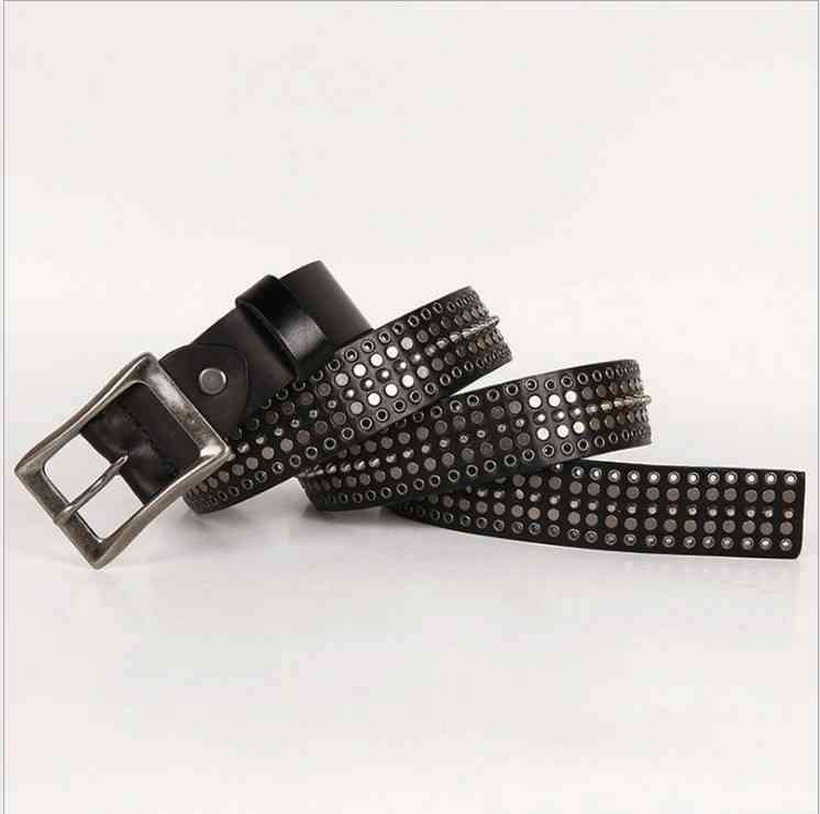 Unisex Punk Rivet Belt Hollow Genuine Leather Wide Alloy Buckle Waist Belts, Black