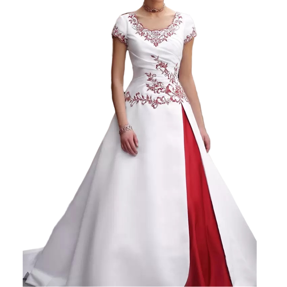 Vintage White And Red Wedding Dress 2022 Lace Embroidery Buttons Cap Short Sleeve A Line Stain Bridal Gowns Court Train Country Chapel Bride Dresses V
