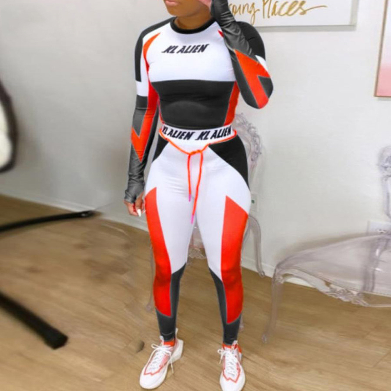 Women Long Sleeve CropTop Slim Outfit Tracksuit Two Pieces Set letter Print High elastic Skinny Leggings Female Sportswear 220315