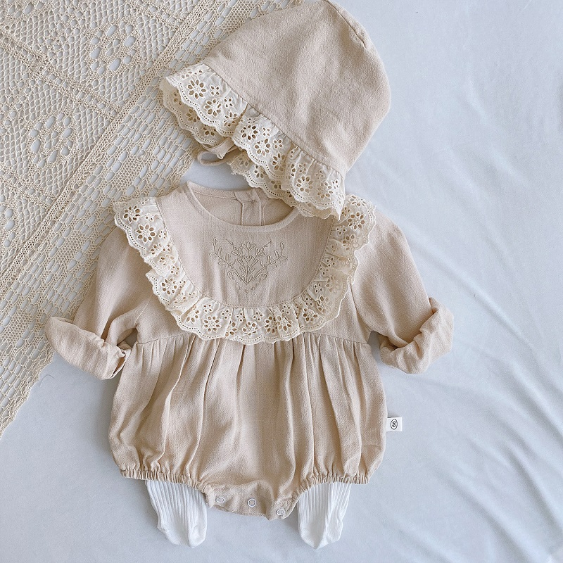 Lace Princess Toddler Romper Autumn Retro born Baby Girl Clothes Cotton Spring Pure Color Infant Outfits 2pcs With Hats 220707