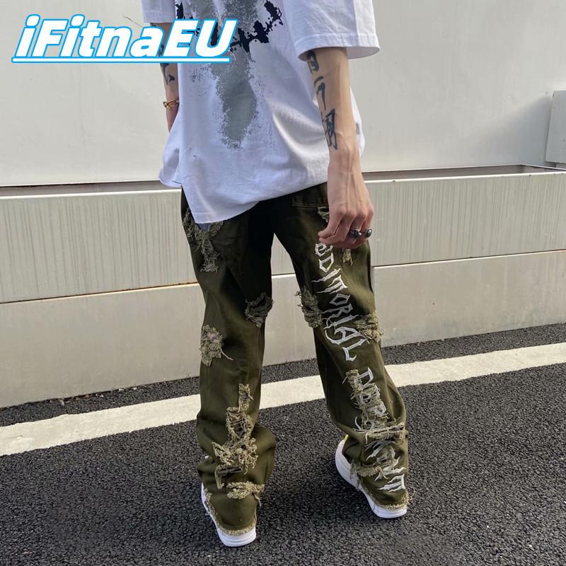 Ripped Jean Hip Hop Man Pants Trends Clothes Letter Y2k Print Men's Streetwear Women's Flare Goth Harajuku Baggy Trendyol