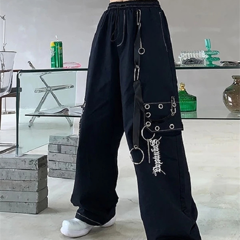 QWEEK Gothic Harajuku Black Cargo Pant Chain Wide Leg Goth Hippie Streetwear White Trousers Loose Female Baggy Fashion 220325