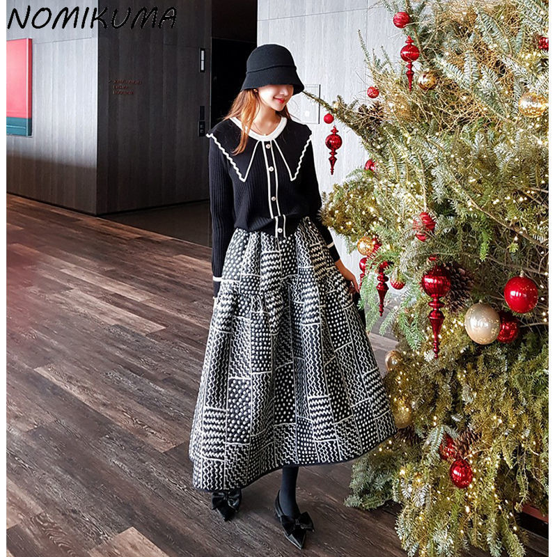 Nomikuma Korea Jacquard Patchwork Woman Skirts Spring Bottoms Fashion High Waist Causal A-line Skirt Faldas Mujer Moda 220322