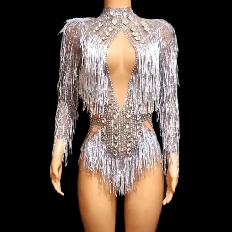 Women's Two Piece Pants Silver Rhinestone Tassel Bodysuit Nightclub Party Crystal Fringes Jumpsuit Women Sexy Jazz Singer Dancer Leotard Sta
Women's Two Piece Pants Silver Rhinestone Tassel Bodysuit Nightclub Party Crystal Fringes Jumpsuit Women Sexy Jazz Singer Dancer Leotard Sta