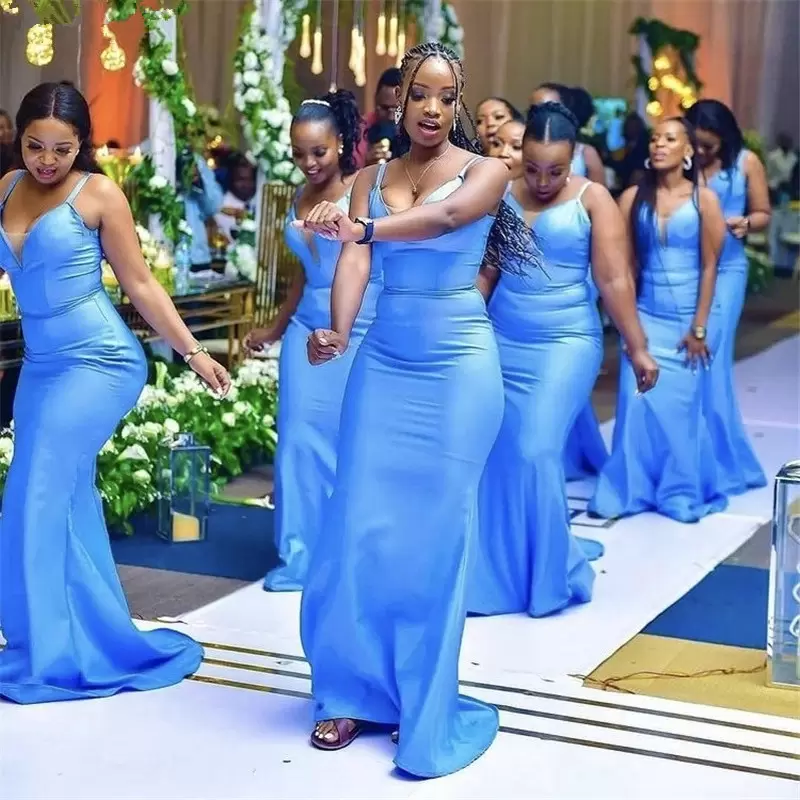 Dresses Blue Bridesmaid Mermaid Spaghetti Straps Satin Floor Length Custom Made Plus Size Country Beach Wedding Maid of Honor Gown Vestidos