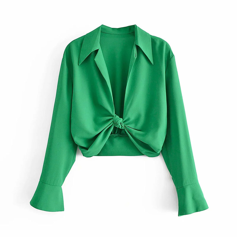 XIKOM Summer Women Vintage Elegant Green Shirt Female Sexy V Neck Streetwears Blouses Casual Tie Slim Shirt Chic Blusas Top 220407