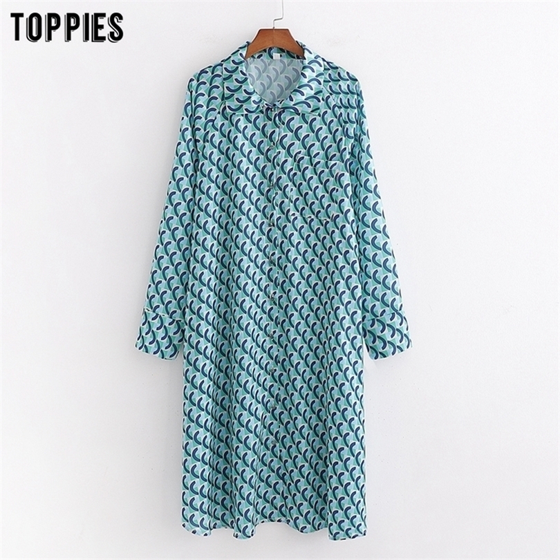 Geometric Print Shirt Women Summer Midi Dress Long Sleeve Single Breasted T200603 B4