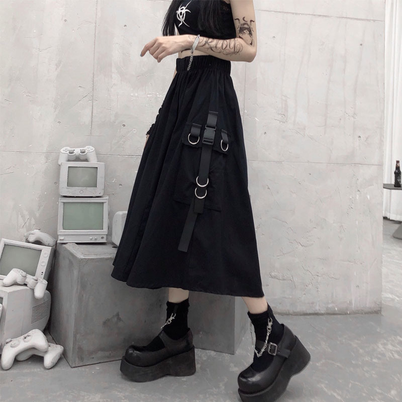 Gothic High Waist Cargo Skirts Woman Harajuku Loose A-line Pocket Midi Long Black Skirt Hip Hop Fashion Streetwear OverSize 220317
