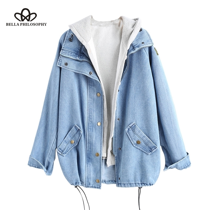 Bella autumn winter Button Up Ladies Denim Women Jacket with Hooded 2 Piece 3XL Female Jean Plus Size Women Coat T200212