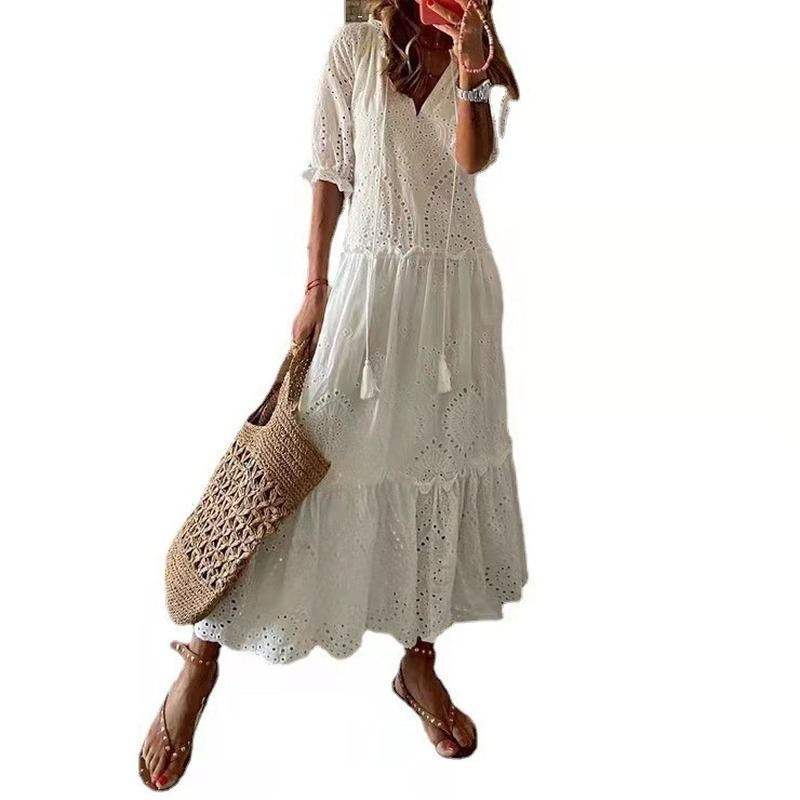 White Maxi Summer Dress Elegant Short Sleeve Hollow Out Bohemian Dresses for Women Loose Fit V Neck Loose Sundress Vestidos 220331