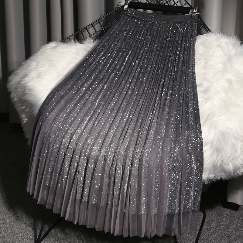 High Waist Mesh Long Skirt Women's Spring And Summer Sequin Gradient Color Pleated Midi Tulle s Female Sweet Fairy 220317