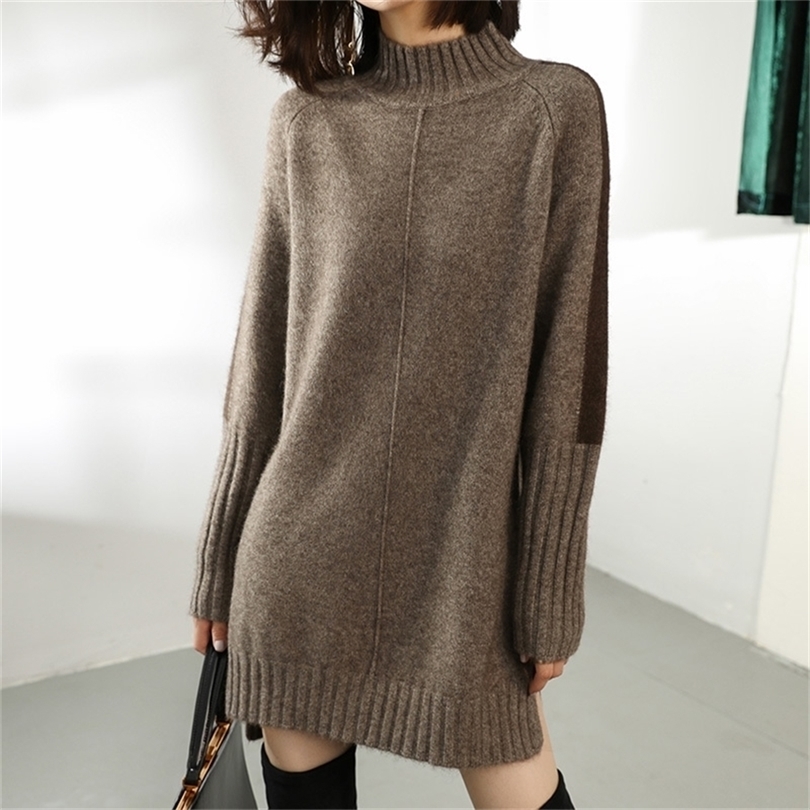 Women Autumn Winter Sweater Knitted Dresses Women Fashion Turtleneck Long Sweater Dress Ladies Warm Split Sweater Dress 201008