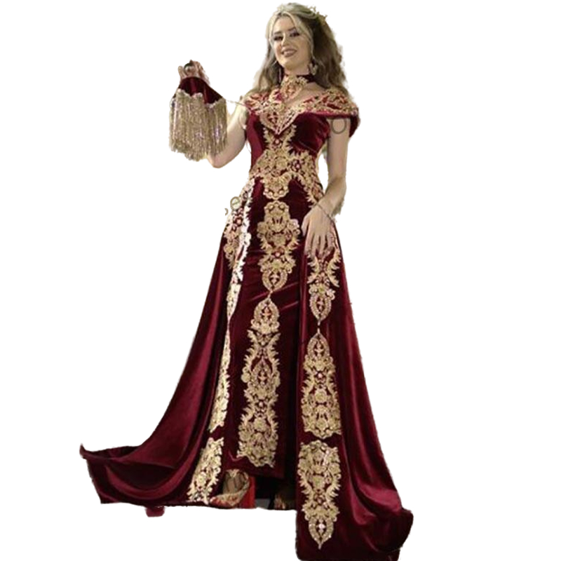 Elegant Arabic Dubai Burgundy Sheath Formal Evening Dresses with Detachable Skirt Appliques Caftan Marocain Kaftan Velvet Women Prom Party Gowns Celeb