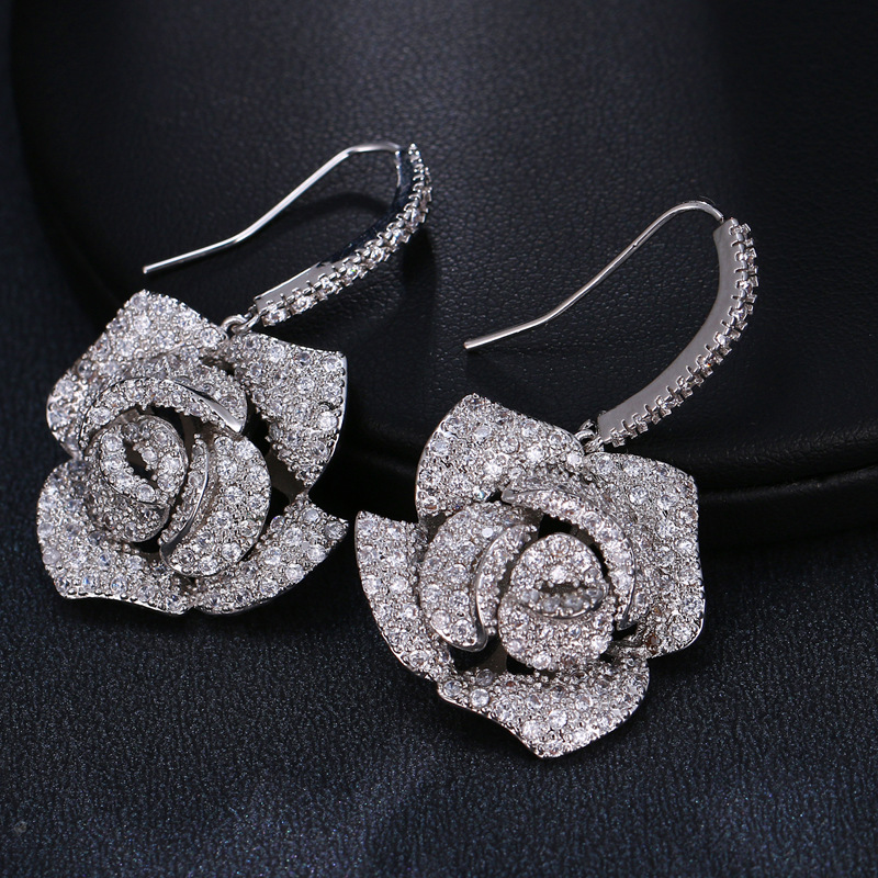 Top Quality Real White Gold Plated Zirconia Rose Flower Dangle Earrings for Women Bridal Wedding Jewelry