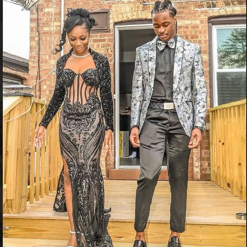 Sparkly Black Mermaid Prom Dresses with Long Sleeve Jacket 2022 Seqauins Beaded Applique Slit African Black Girl Evening Gown