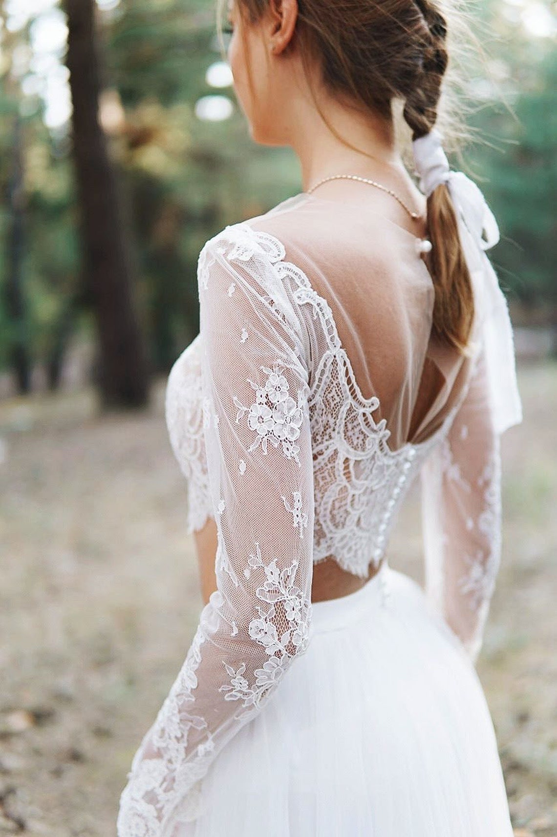 Bohemian A Line Wedding Dress Two Piece Long Sleeve Ivory Lace Tulle Beach Bridal Gowns Sheer Neck Country Boho Bride Dresses 2022 Robe De Mariage