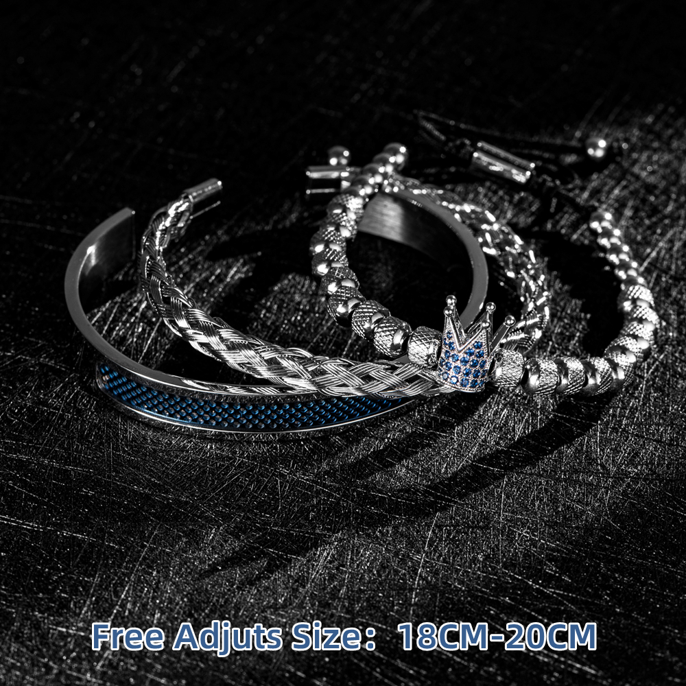 Luxury Set Handmade Men Crown Bracelets Contrast Colour Bangles Hemp Rope Buckle Open Stainless Steel Micro Pave CZ Jewelry