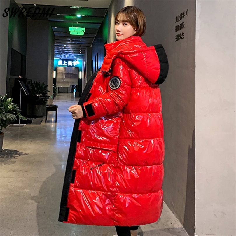 Glossy Winter Jackets Women Hooded Waterproof Female Jacket Fashion Winter Coat Long Reflective Jacket Warm Parkas SWREDMI 201126