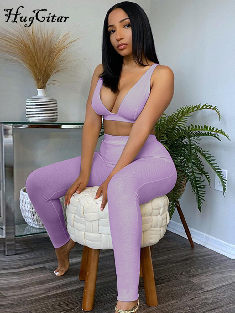 Hugcitar Sleeveless VNeck Crop Tops Leggings 2 Pieces Set Winter Women Fashion Streetwear Outfits Sportswear Tracksuit 220602