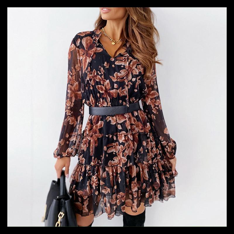 Casual Dresses Autumn Elegant Floral Print Sexy V-neck Summer Long-sleeved Belt Ruffle Skirt Womens Mini Dress Party Club Short -40, Black 
Casual Dresses Autumn Elegant Floral Print Sexy V-neck Summer Long-sleeved Belt Ruffle Skirt Womens Mini Dress Party Club Short -40, Black