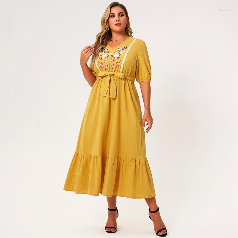 Plus Size Dresses Summer Midi Dress Women 2022 Yellow Loose Floral Embroidery Sashes Ruffle Hem Lantern Half Sleeve Elegant Robe Jona22
Plus Size Dresses Summer Midi Dress Women 2022 Yellow Loose Floral Embroidery Sashes Ruffle Hem Lantern Half Sleeve Elegant Robe Jona22