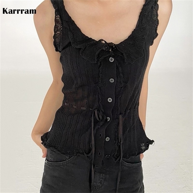 Karrram Casual Solid Vest For Women V Neck Sleeveless Patchwork Lace Up Bowknot Slim Tank Top Female Summer Fashion Stylish 220325