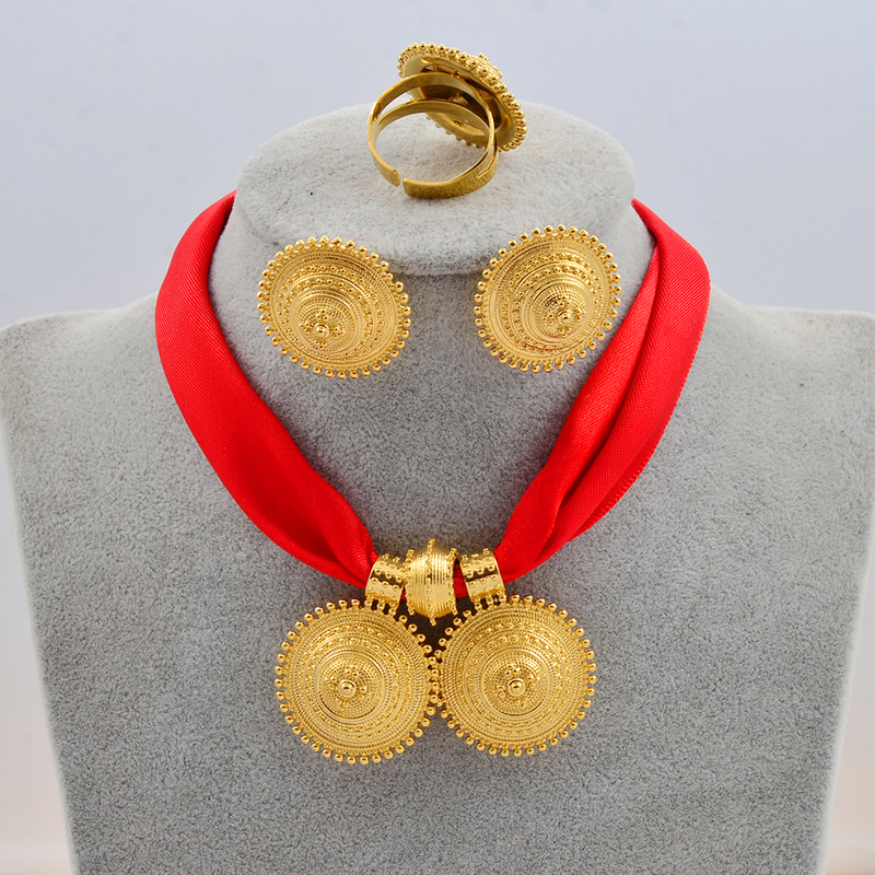 Anniyo DIY Rope Chain Ethiopian Jewelry Set Gold Color Eritrea Ethnic Style Habesha Pendant Earrings Ring #217106 220418