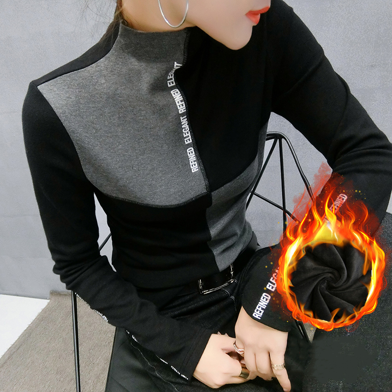 Women Spring/Autumn Slim T-Shirt Patchwork Bottoming Long Sleeve Casual Korean Minimalist Triko Top Tees Sanded T07833B 220321