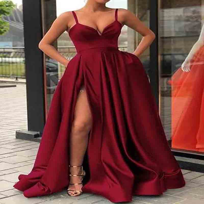 Royal Blue High Slit Prom Dress 2022 Sexy Spaghetti Straps A Line Satin Long Evening Dress Elegant Graduation Dinner Party Special Vestidos De Gala Fo