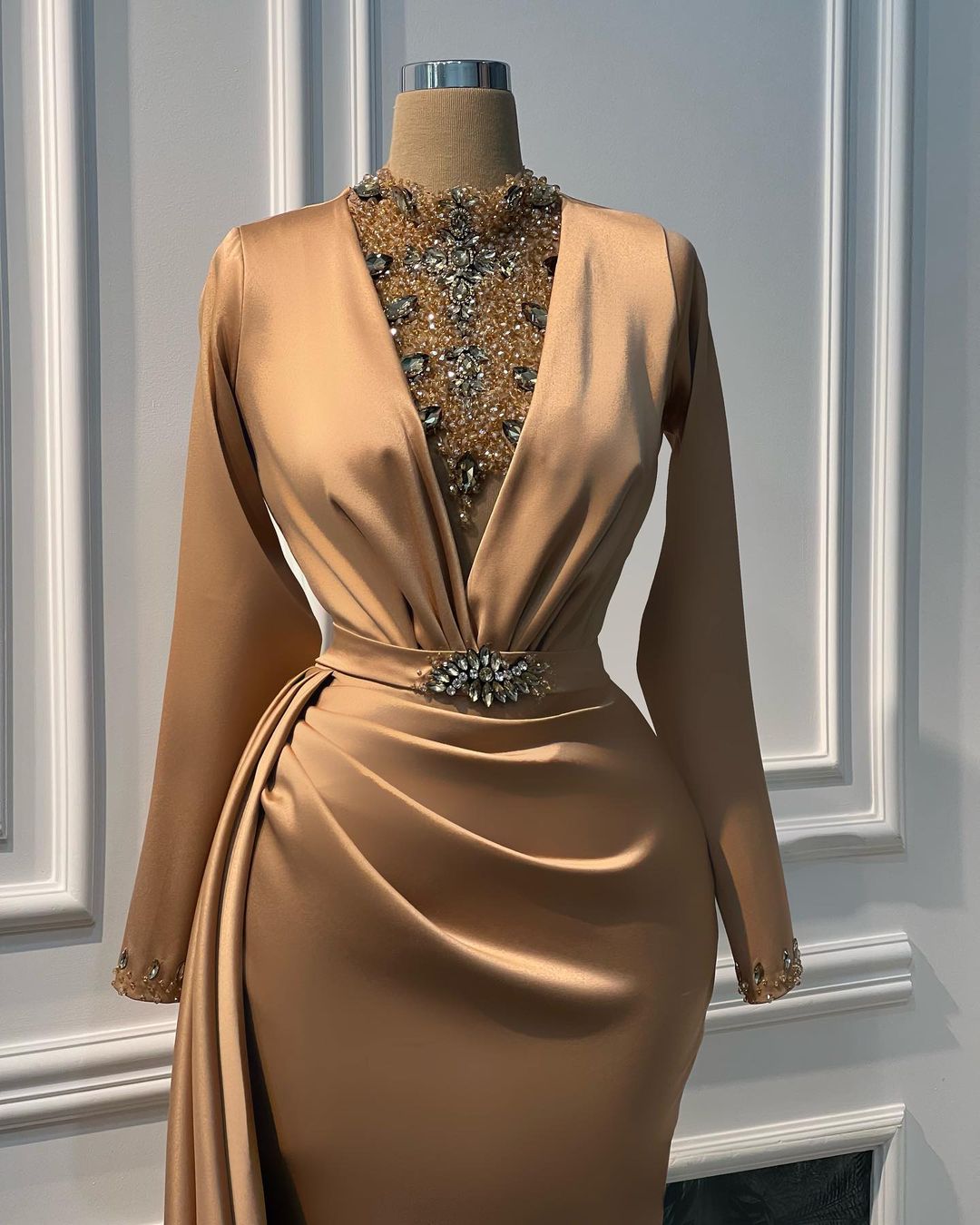 Plus Size Arabic Aso Ebi Luxurious Mermaid Champagne Prom Dresses Beaded Crystals Evening Formal Party Second Reception Birthday Engagement Gowns Dres