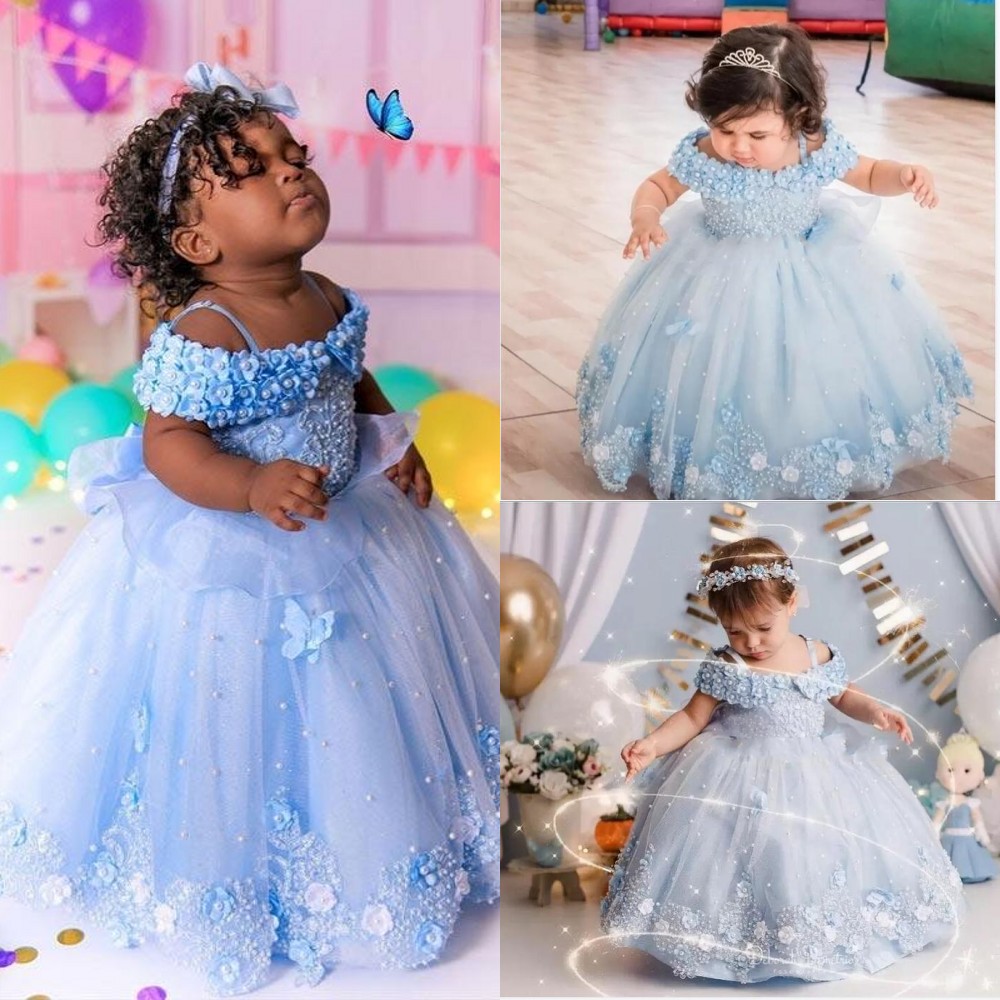2022 Light Sky Blue Lace Flower Girl Dresses For Wedding 3D Appliqued Pearls Ball Gown Toddler Pageant Gowns Tulle Floor Length Kids Birthday Dress Of
