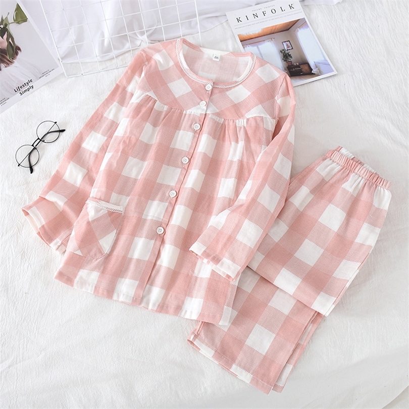 Pajamas Sets for Women Plaid Printing Pure Cotton Pyjamas TwoPiece Suit Long Trousers Pregnant Homewear Long Sleeve Sleepwear T200429
