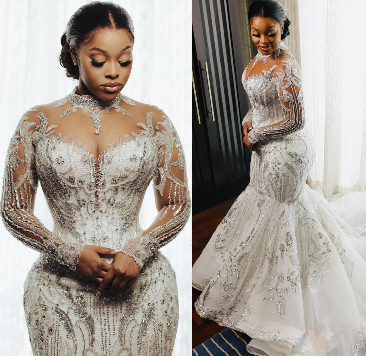 Mermaid Luxurious Sparkly Wedding Dress Plus Size Arabic Aso Ebi Sheer Neck Lace applique illusion long sleeve Bridal Gowns
