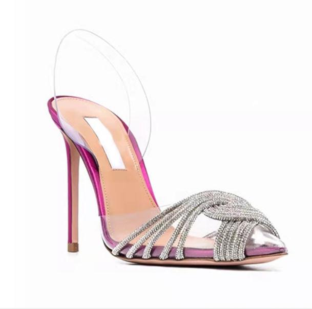 New rhinestone crystal high-heeled sandals and slippers women's pvc transparent cross rhinestones Roman banquet wedding holiday high heels sandal
