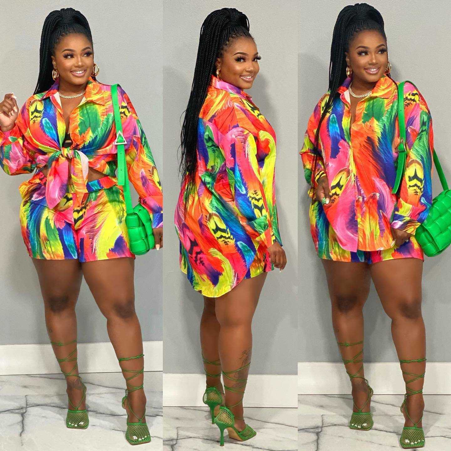 women's colorful tracksuits casual printed shirt long sleeve shorts two piece set womens sets Women's Tracksuits