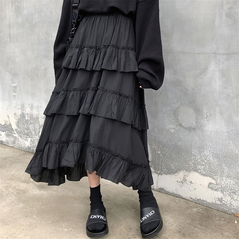 HOUZHOU Black Long Skirts Women Gothic High Low Ruched Ruffle Waisted Asymmetrical Midi Skirt Korean Fashion Goth Grunge 220317