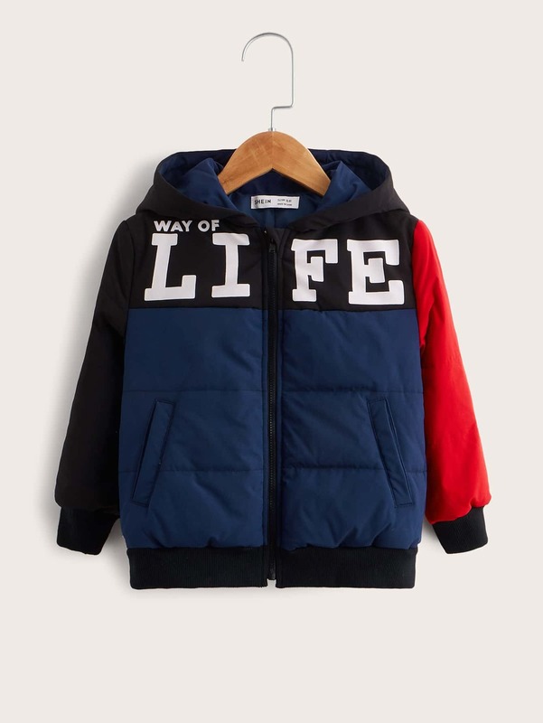 Toddler Boys Letter Graphic Zip Up Colorblock Hooded Puffer Coat SHE