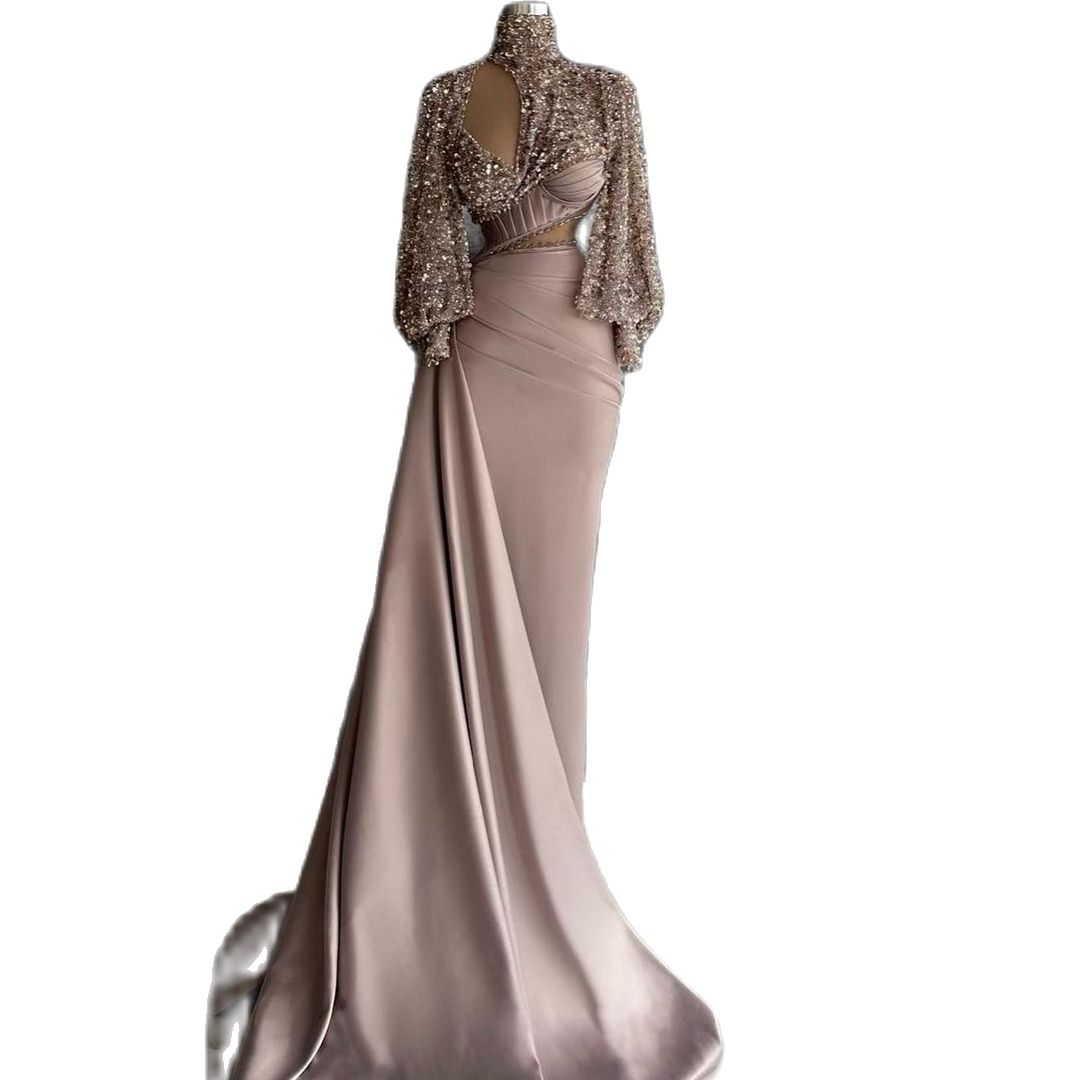 Rose Pink Sequined Mermaid Evening Dresses With Detachable Train Elegant Satin Cut Out Full Sleeves For Women Party Gowns