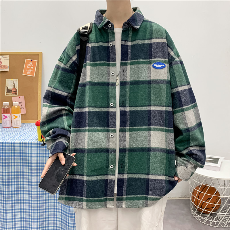 Men Flannel Plaid Thick Shirt Harajuku Color Block Coats Korean Fashion Streetwear Male Vintage Loose Shirts Long Sleeve 220322