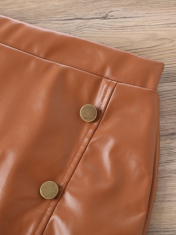 Toddler Girls High Neck Lettuce Trim Tee & PU Skirt SHE