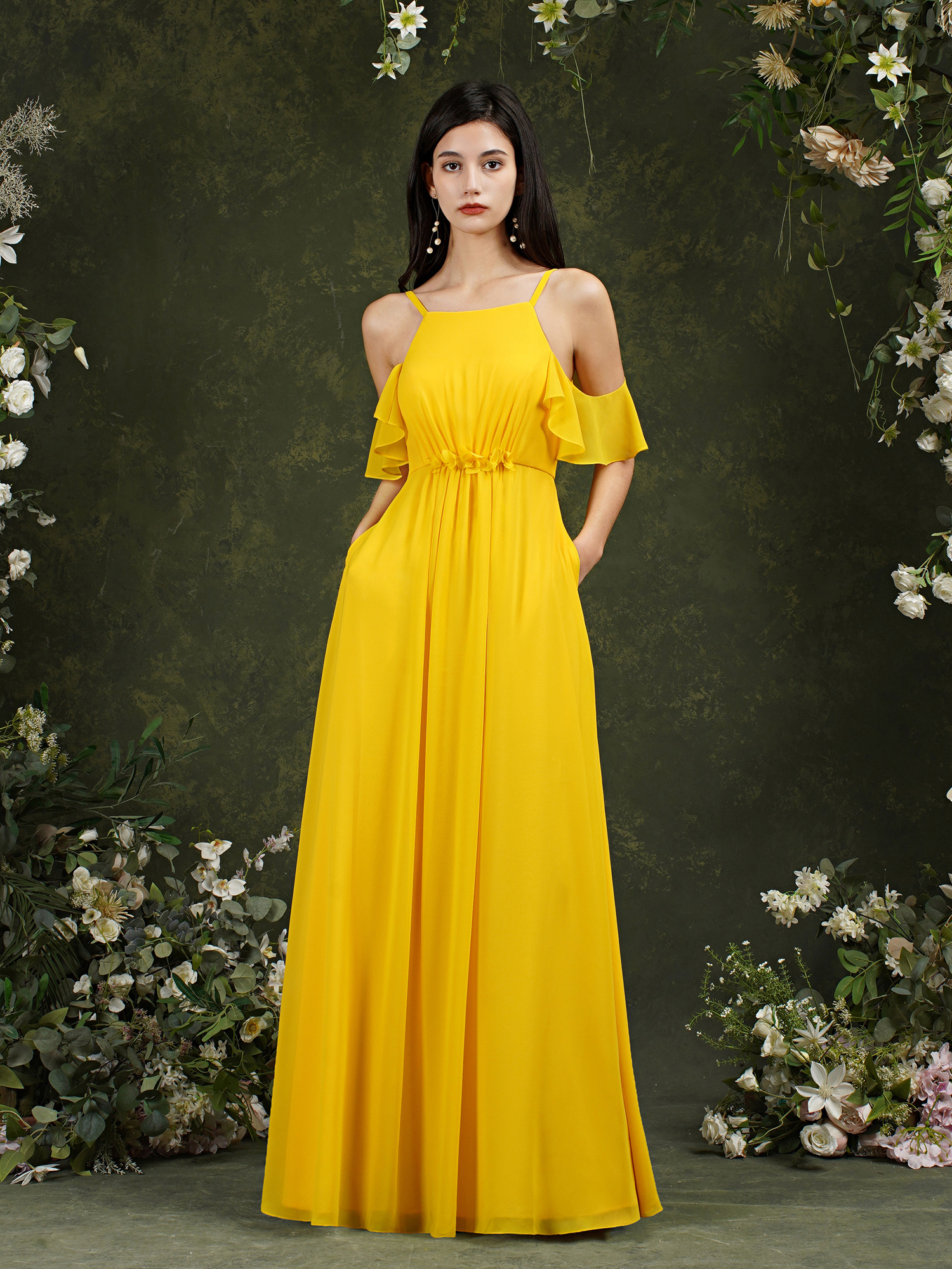 Fashion Yellow Chiffon Bridesmaid Dress A Line Long Maid Of Honor Gown Summer Wedding Custom Made BM3107