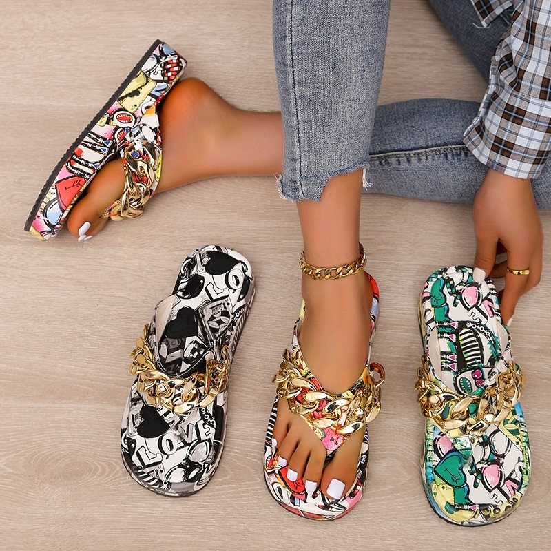 Women Summer Colorful Graffiti est Fashion Chain Flipflops Sandal Slippers Shoes Woman Flat Platform Sandals Plus Size 43 220608